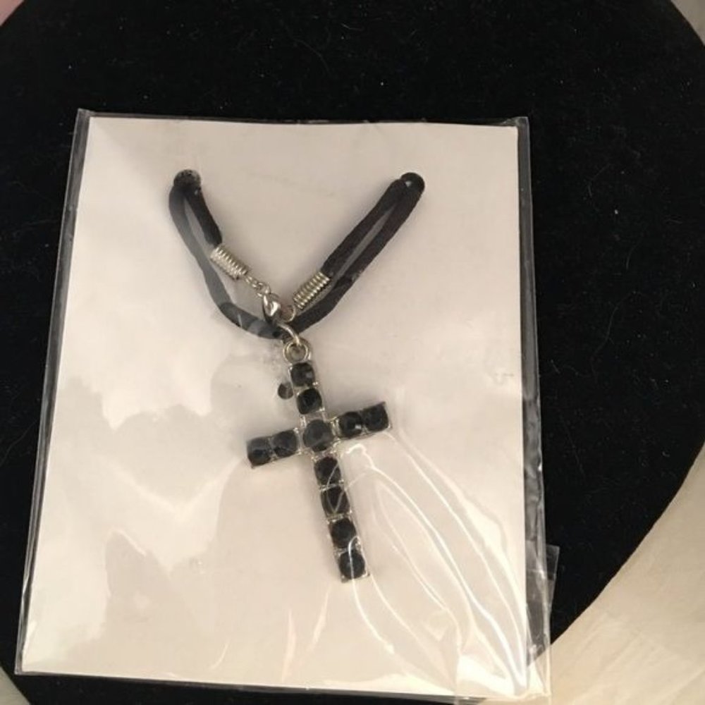 Black gem Christian CROSS satin cord necklace NIP
